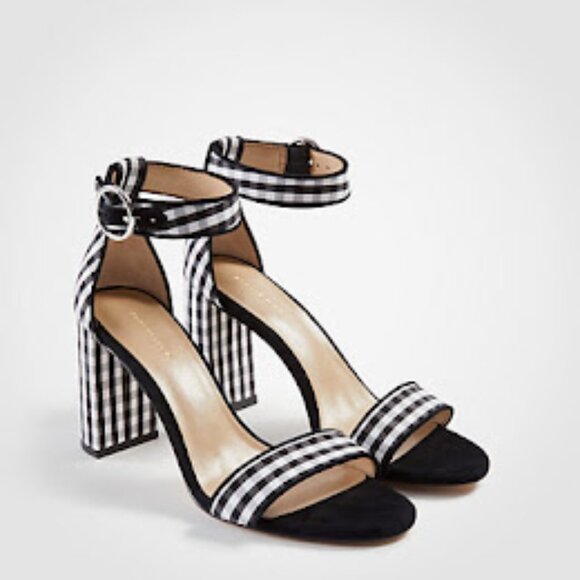 Ann Taylor Leannette Piped Gingham Block Heel Sandals Black/White 9B NEW - Picture 1 of 14